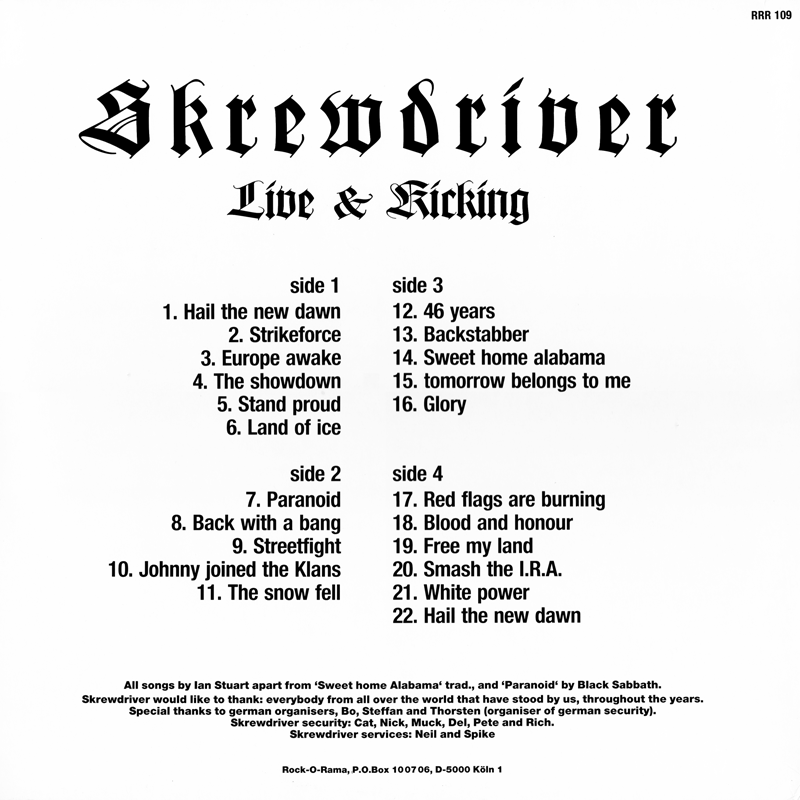 Skrewdriver Live & Kicking LP back cover