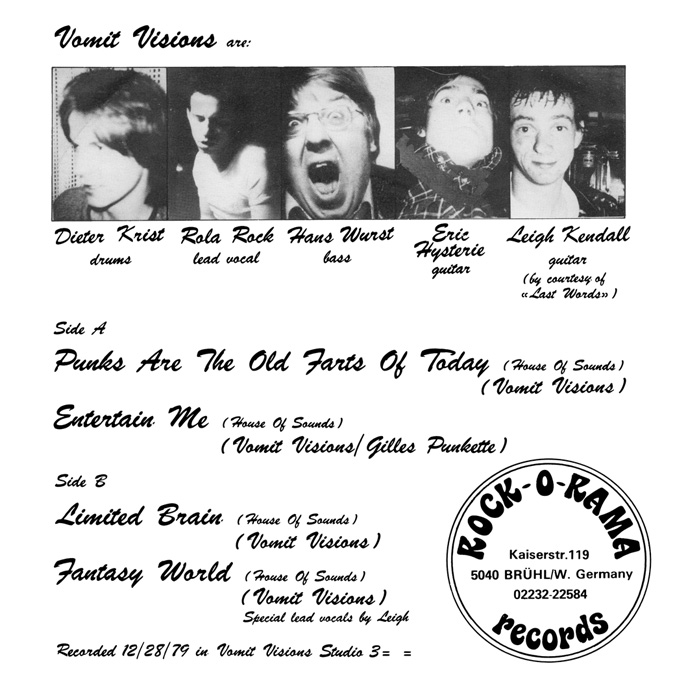 Vomit Visions EP back cover showing individual photos of the band members