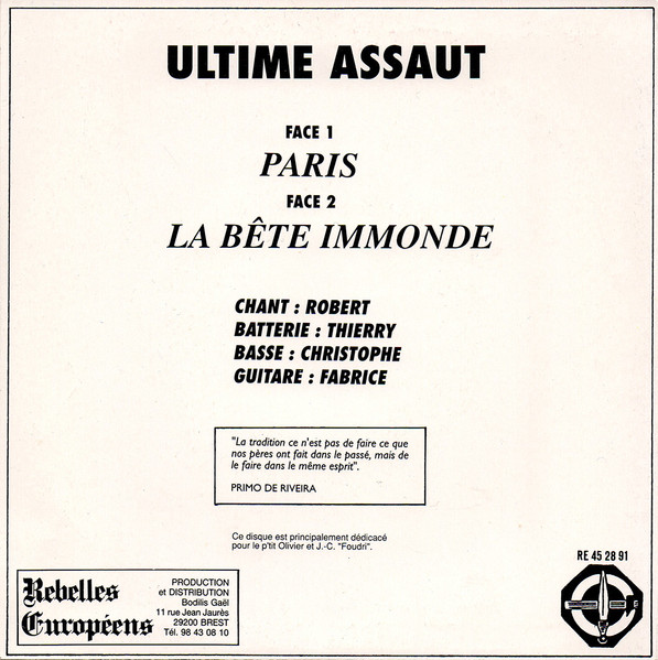 Back cover of the Ultime Assaut Paris single