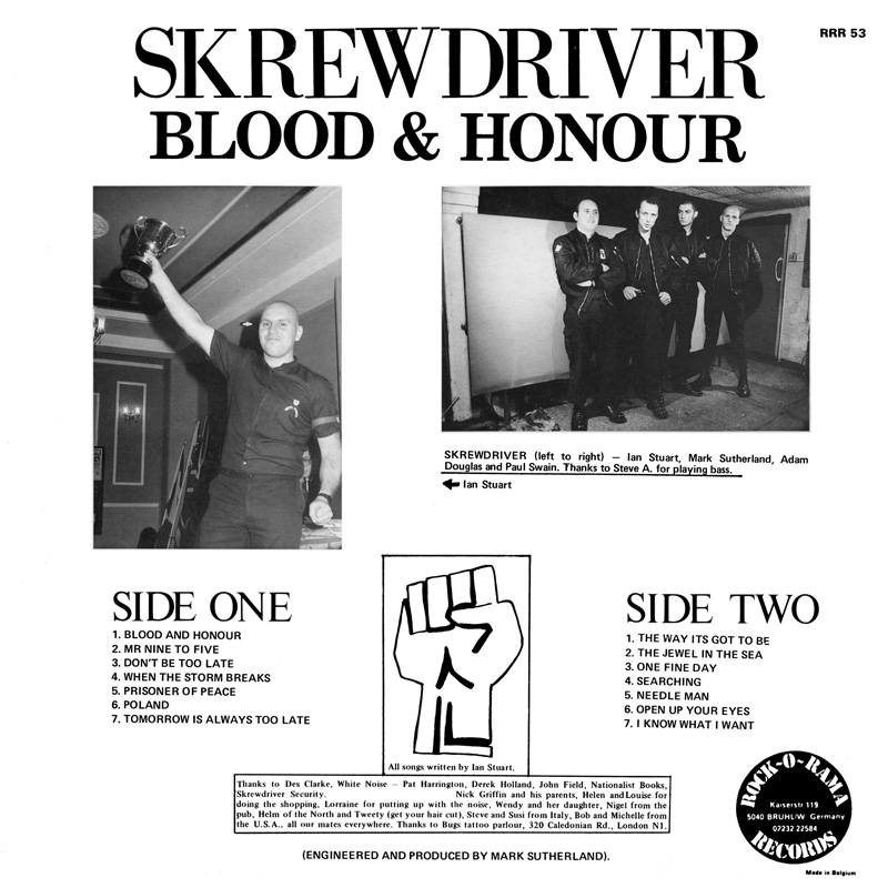Skrewdriver Blood & Honour LP back cover