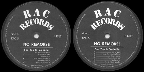 No Remorse See You In Valhalla center labels